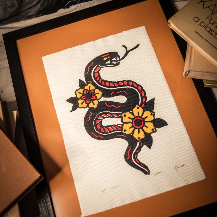 Linoryt Serpens oryginalna grafika warsztatowa