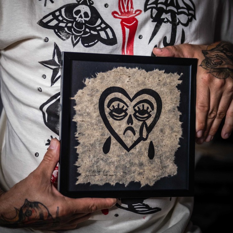 Autorska grafika w technice linorytu - linoryt  Old School Tattoo " Cry Baby"