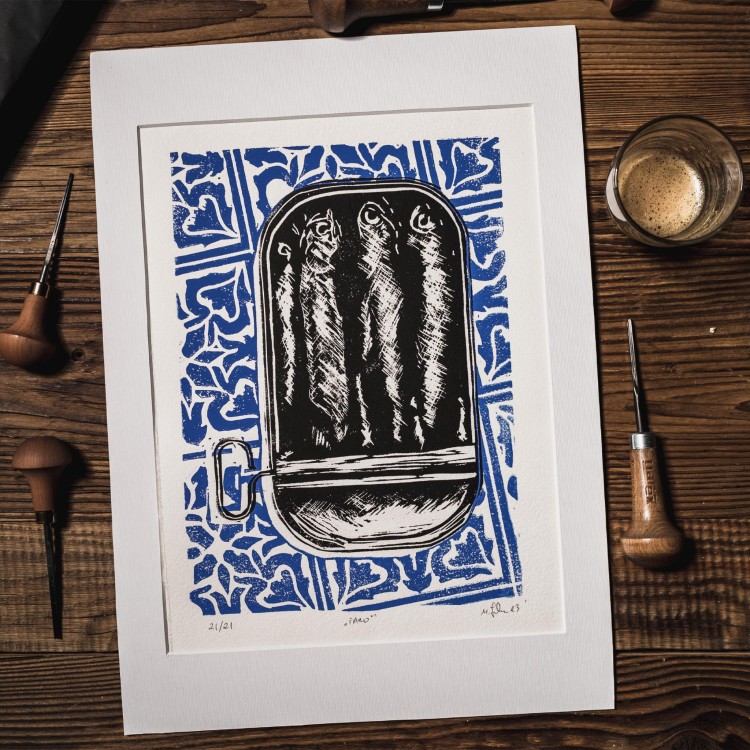 Autorska grafika warsztatowa, wykonana w pracowni Ostatnie Sztuki, techniką druku wypukłego, linorytu. Linoryt print.