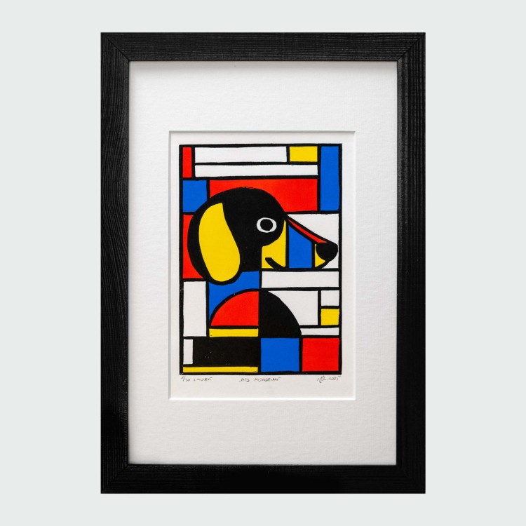 Oryginalna grafika warsztatowa wykonana techniką linorytu "Pies Mondrian"