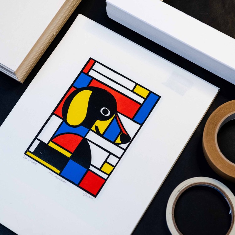 Oryginalna grafika warsztatowa wykonana techniką linorytu "Pies Mondrian"