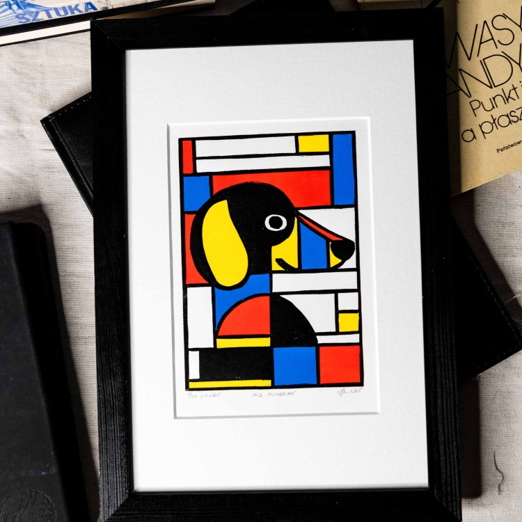 Oryginalna grafika warsztatowa wykonana techniką linorytu "Pies Mondrian"